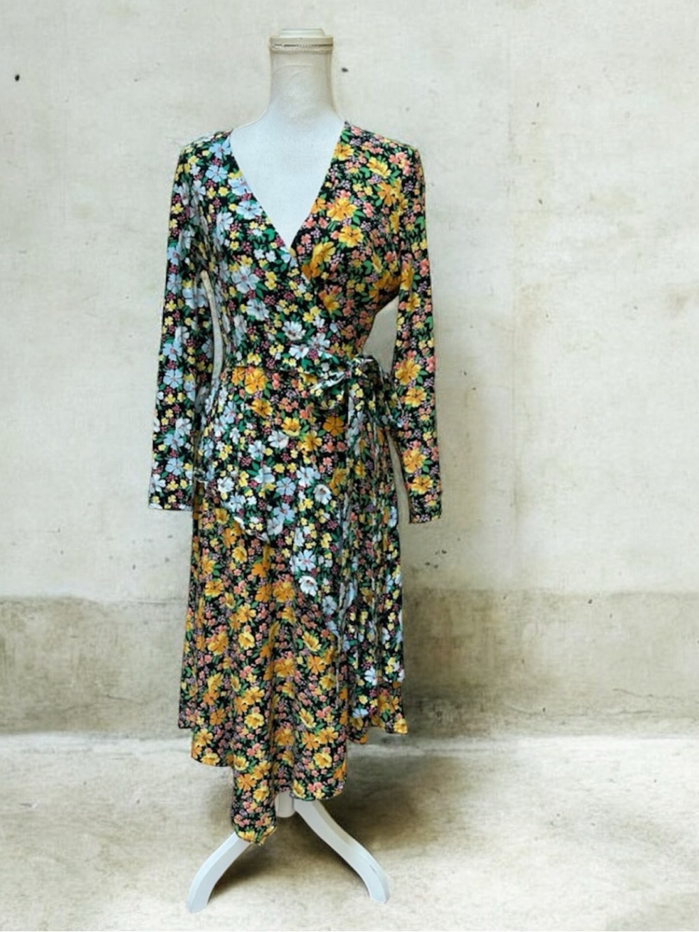 Maje Roen Vibrant Floral V Neck Wrap Long Sleeve Parisian Asymmetric Midi Dress